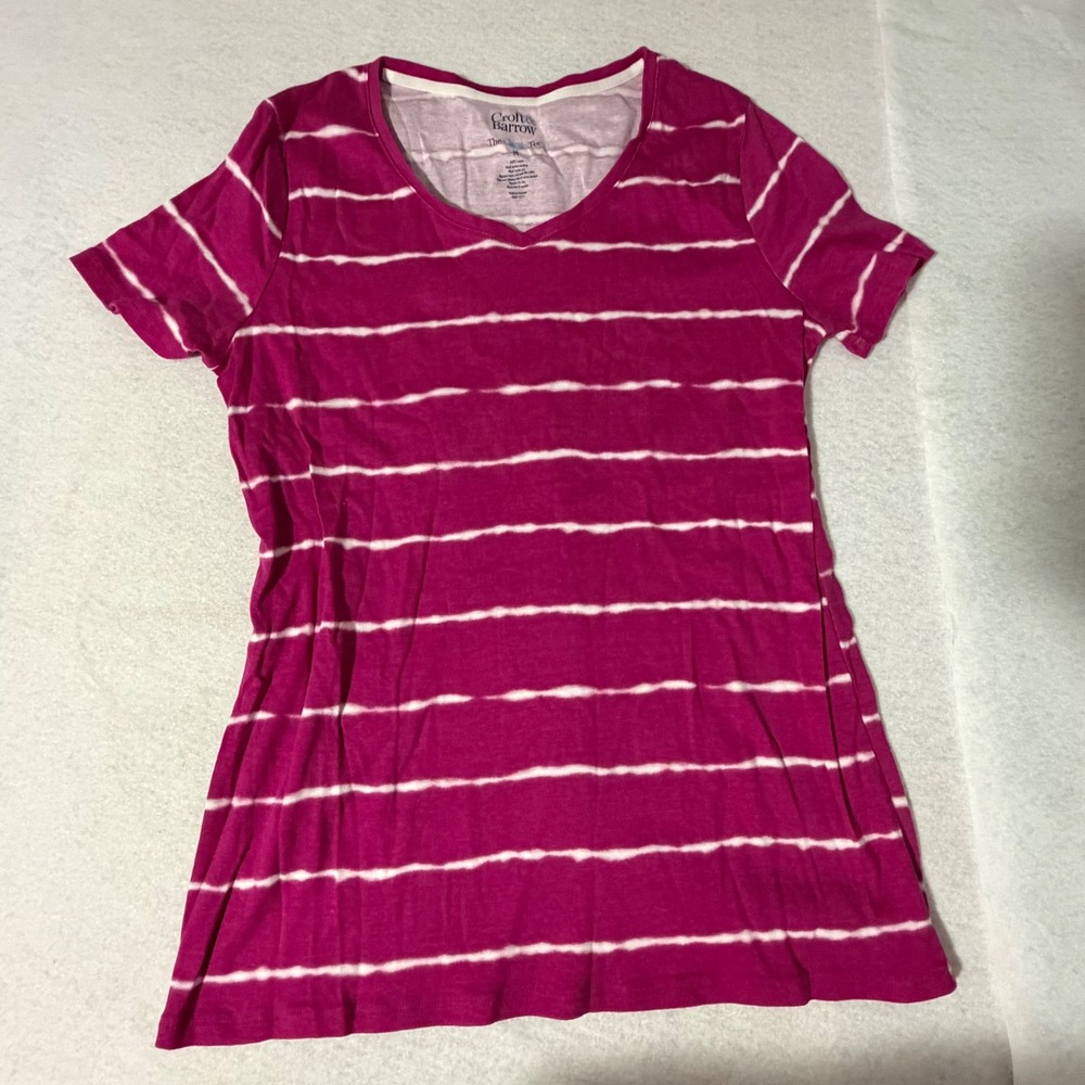 Croft & Barrow Womens Magenta Pink White Striped Tie Dye V-Neck Cotton Tee M